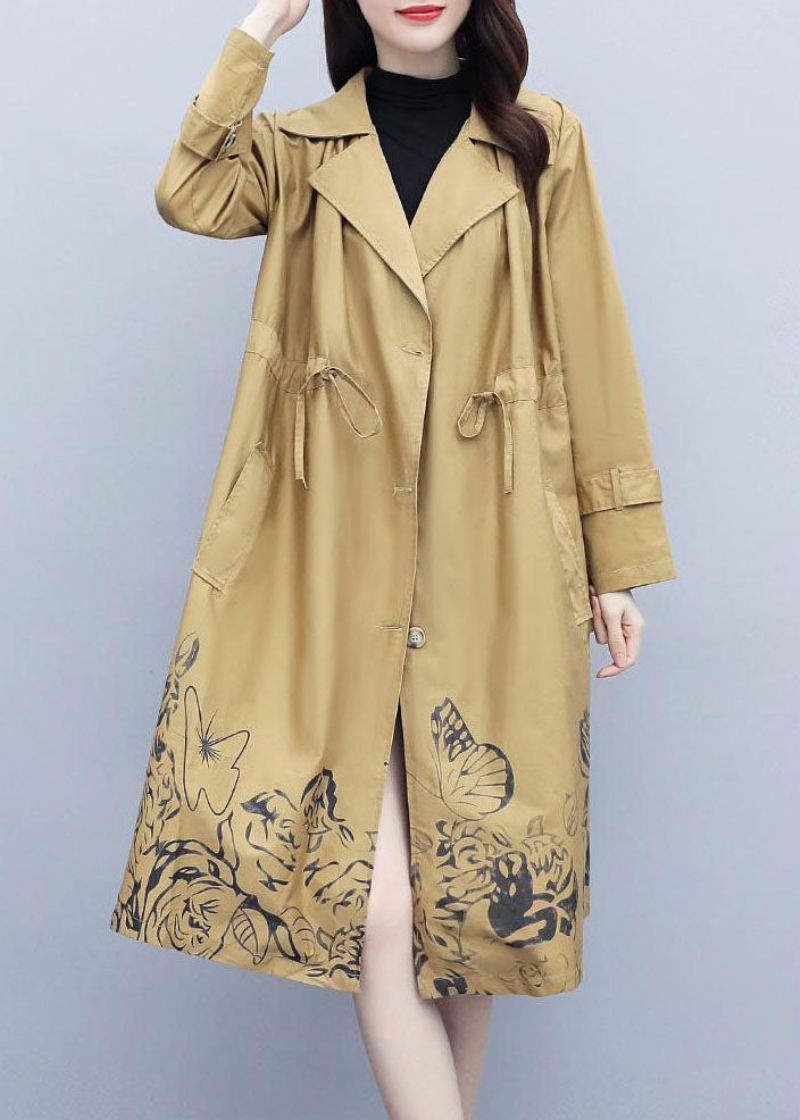 Elegant Khaki Notched Print Trench Coats Med Snøring Høst - Trenchcoats for kvinner