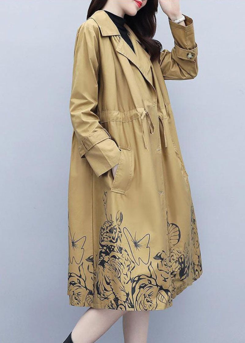 Elegant Khaki Notched Print Trench Coats Med Snøring Høst - Trenchcoats for kvinner