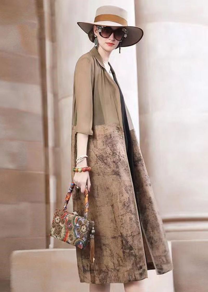 Elegant Khaki Peter Pan Collar Print Patchwork Cotton Trench Fall - Trenchcoats for kvinner