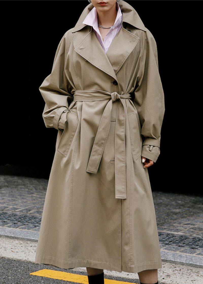 Elegant Khaki Peter Pan Krage Knyt Midje Knapplommer Bomull Trench Coats Langermet - Trenchcoats for kvinner