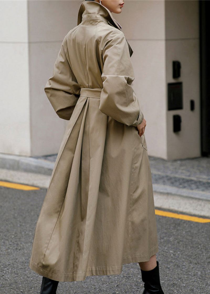 Elegant Khaki Peter Pan Krage Knyt Midje Knapplommer Bomull Trench Coats Langermet - Trenchcoats for kvinner