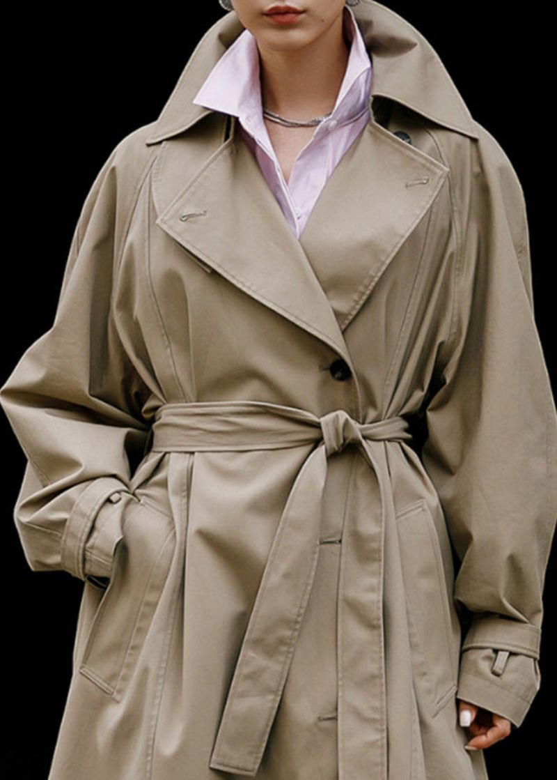 Elegant Khaki Peter Pan Krage Knyt Midje Knapplommer Bomull Trench Coats Langermet - Trenchcoats for kvinner