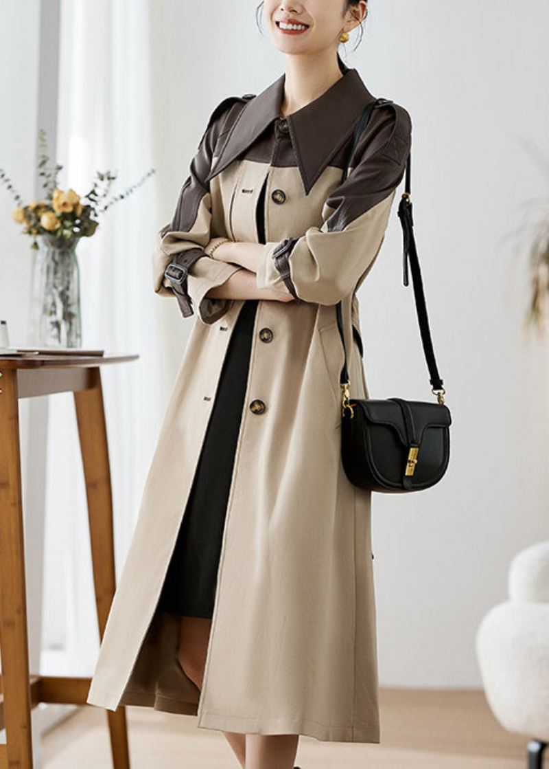 Elegant Khaki Peter Pan Kragelommer Patchwork Kunstskinn Trench Fall - Trenchcoats for kvinner