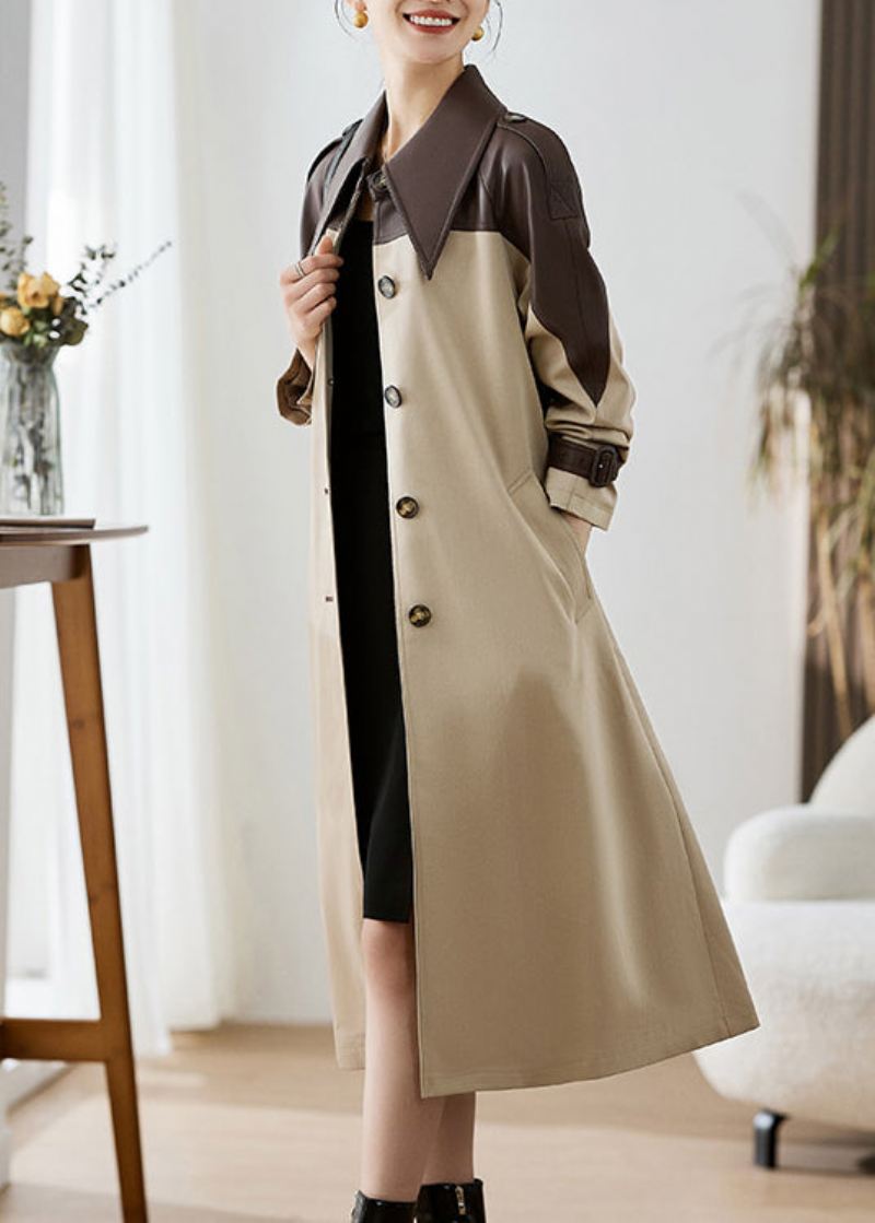 Elegant Khaki Peter Pan Kragelommer Patchwork Kunstskinn Trench Fall - Trenchcoats for kvinner