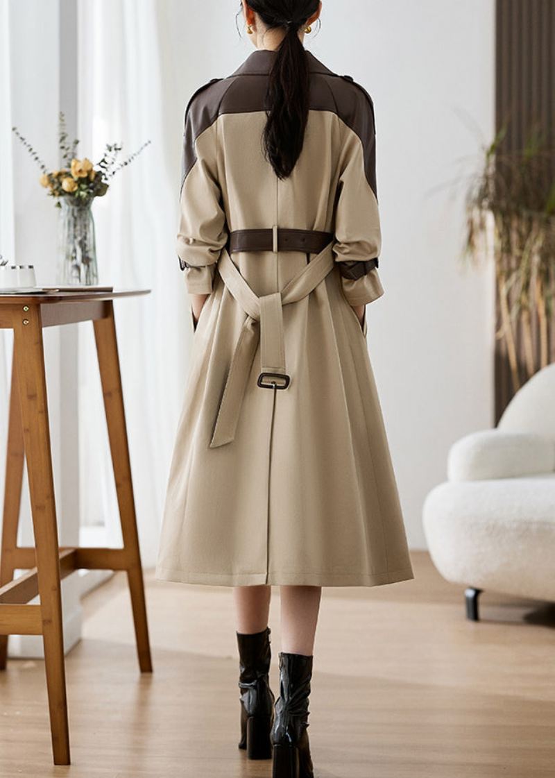 Elegant Khaki Peter Pan Kragelommer Patchwork Kunstskinn Trench Fall - Trenchcoats for kvinner