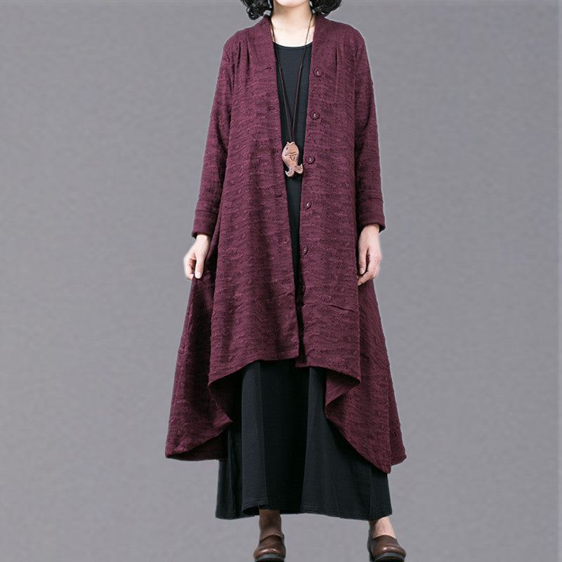 Elegant Lilla Jacquard Maxi Kåpe Trendy Plus Size Baggy Stor Fald Asymmetrisk Design Trench Coat Fin Patchwork