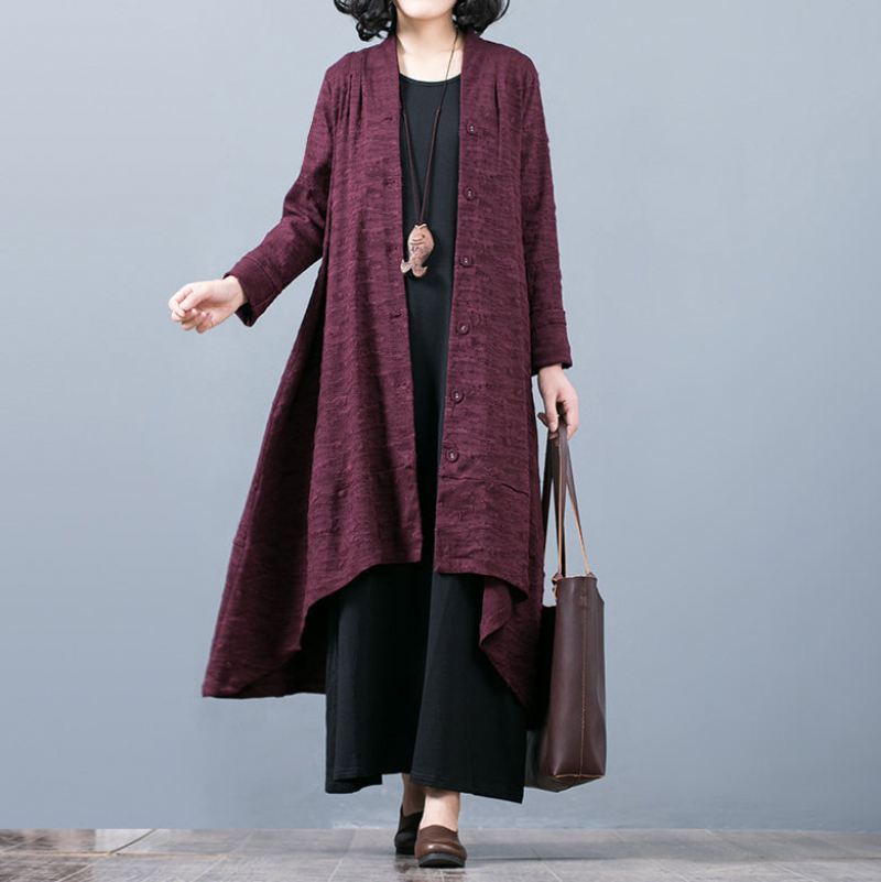 Elegant Lilla Jacquard Maxi Kåpe Trendy Plus Size Baggy Stor Fald Asymmetrisk Design Trench Coat Fin Patchwork - Trenchcoats for kvinner