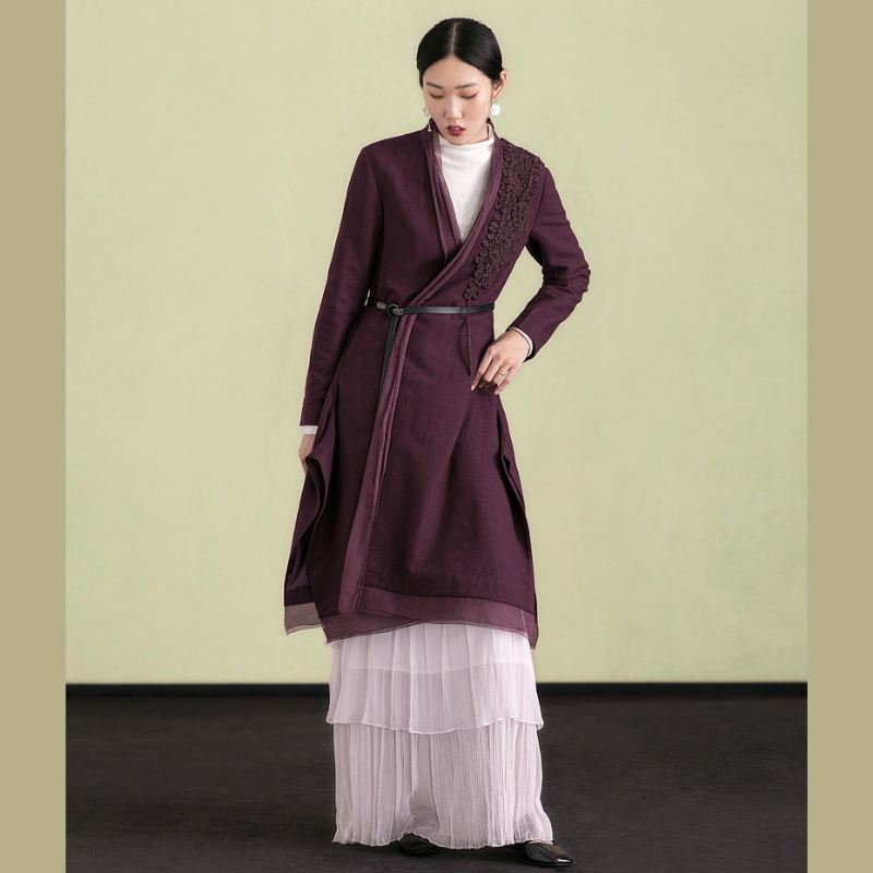 Elegant Lilla Ullfrakk Løstsittende Broderi Vinterfrakk Patchworkjakke - Trenchcoats for kvinner