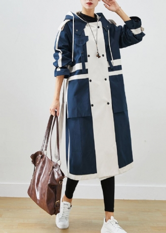 Elegant Navy Oversized Patchwork Original Design Trench Coats I Bomull Høst