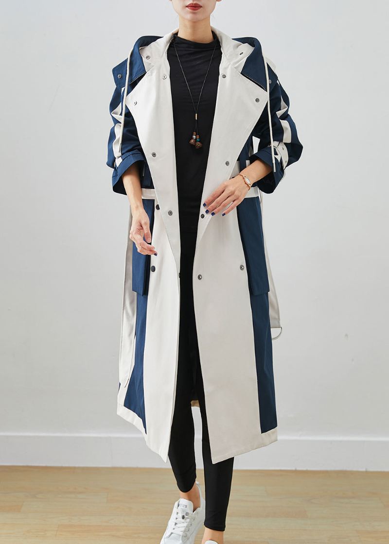 Elegant Navy Oversized Patchwork Original Design Trench Coats I Bomull Høst - Trenchcoats for kvinner