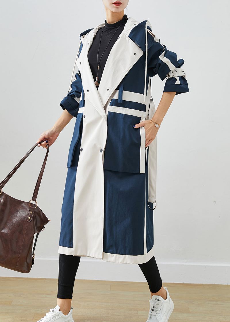 Elegant Navy Oversized Patchwork Original Design Trench Coats I Bomull Høst - Trenchcoats for kvinner