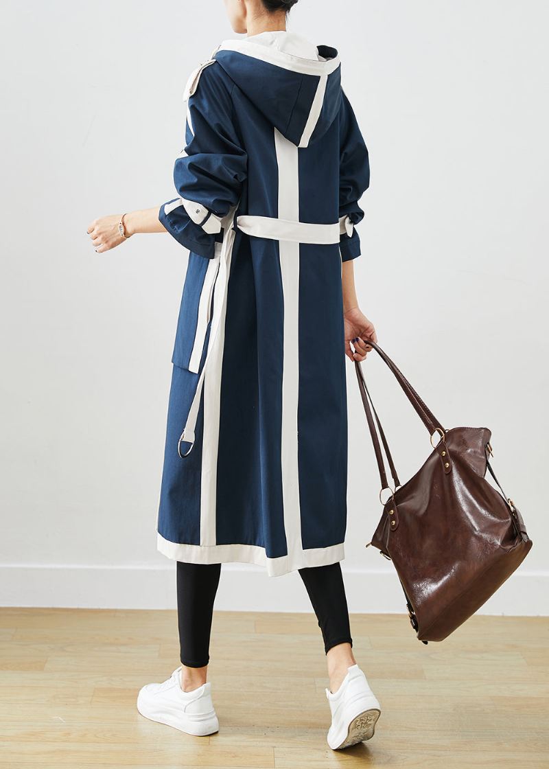 Elegant Navy Oversized Patchwork Original Design Trench Coats I Bomull Høst - Trenchcoats for kvinner