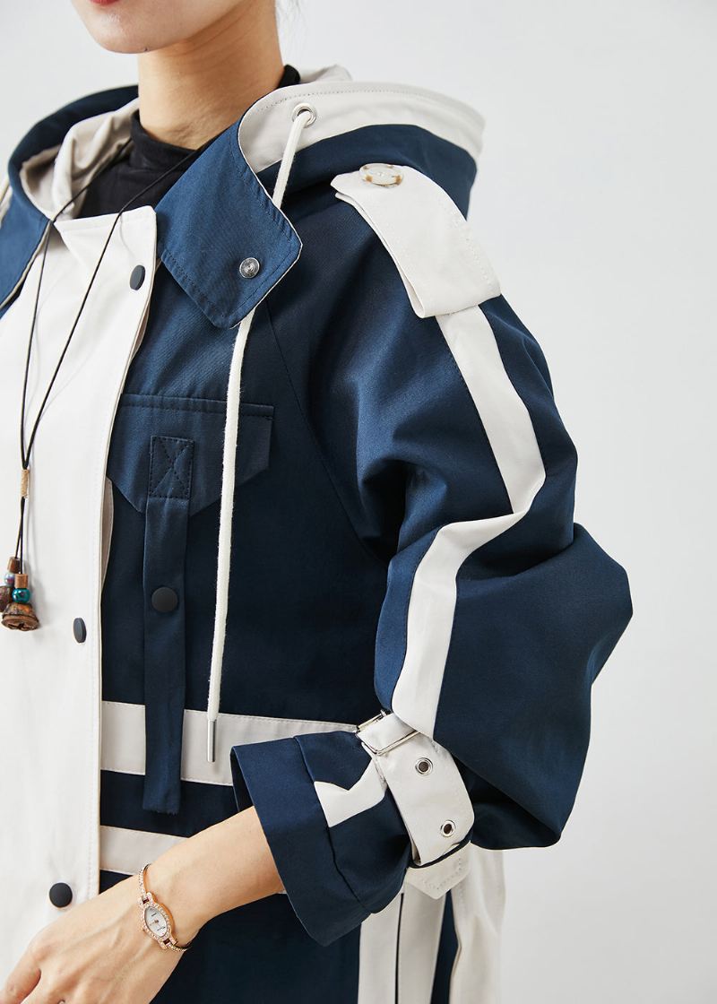 Elegant Navy Oversized Patchwork Original Design Trench Coats I Bomull Høst - Trenchcoats for kvinner