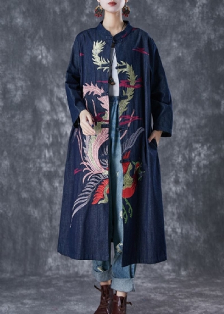 Elegant Navy Phoenix Brodert Kinesisk Button Denim Trench Fall