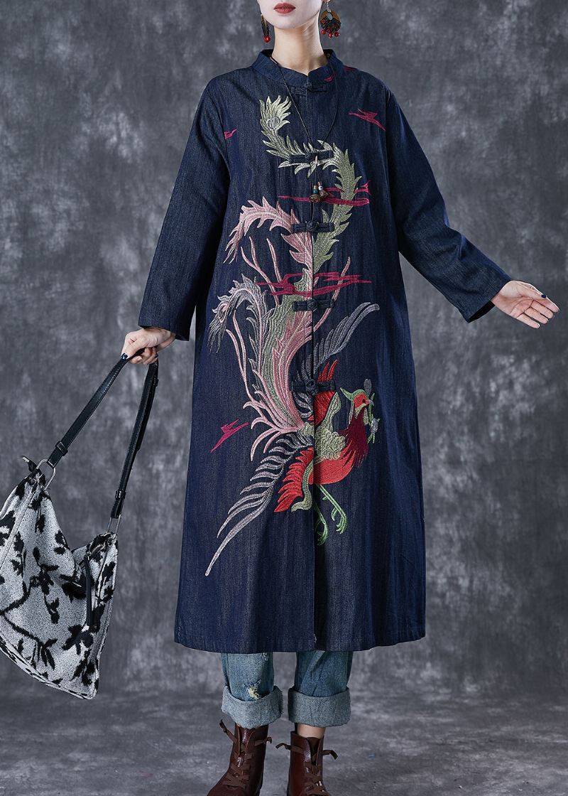 Elegant Navy Phoenix Brodert Kinesisk Button Denim Trench Fall - Trenchcoats for kvinner