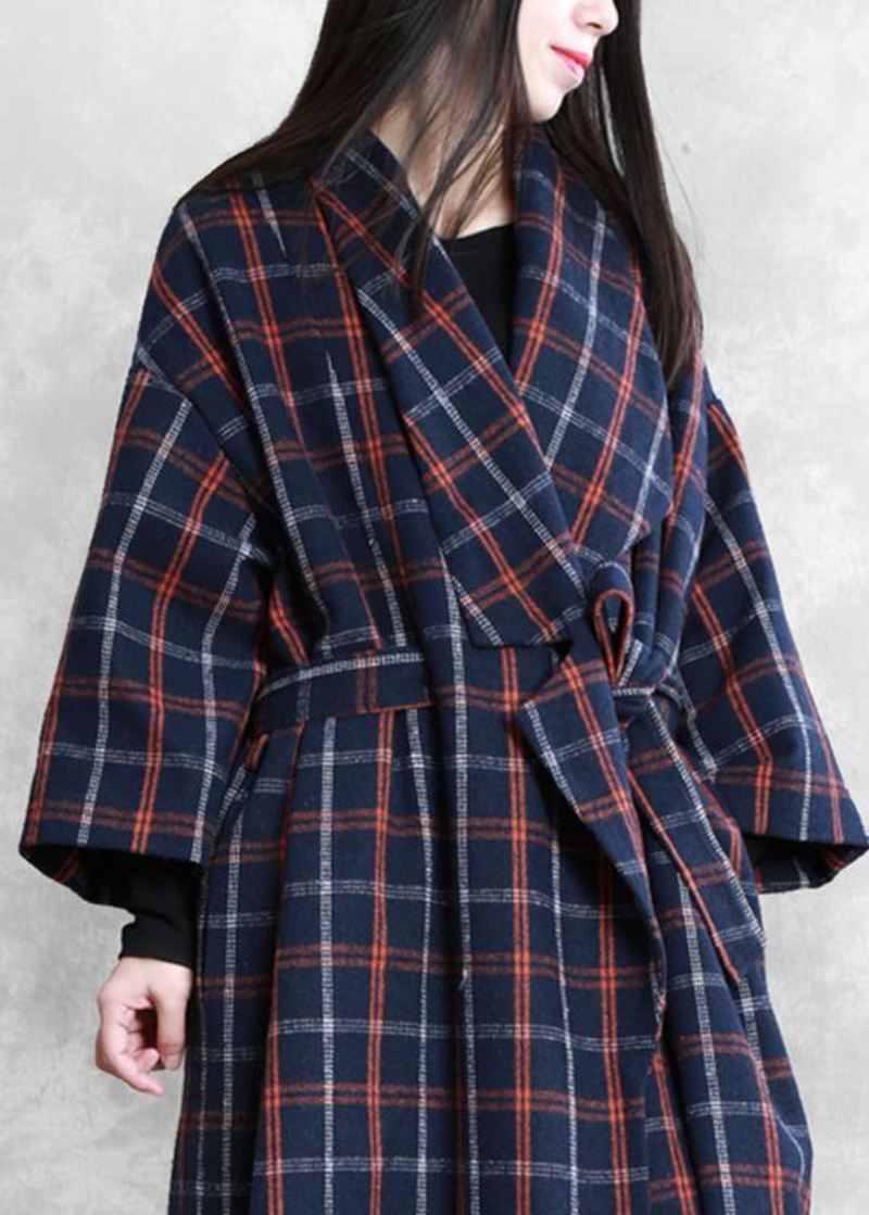 Elegant Plus Size Kåper Blå Rutete Ullkåpe Med Hakk I Midjen Til Dame - Trenchcoats for kvinner