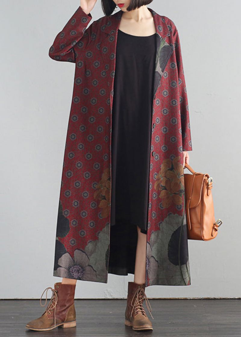 Elegant Rød V-hals Print Button Maxi Trench Coats Fall