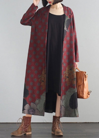 Elegant Rød V-hals Print Button Maxi Trench Coats Fall