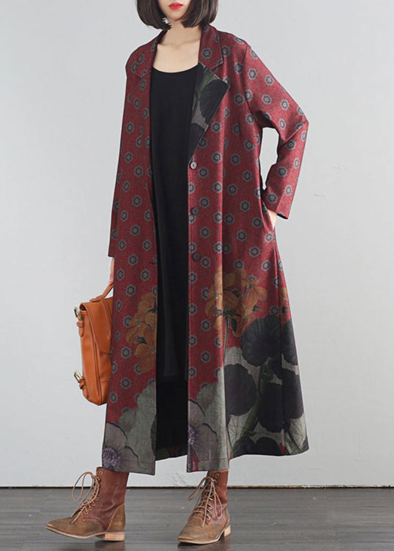 Elegant Rød V-hals Print Button Maxi Trench Coats Fall - Rød