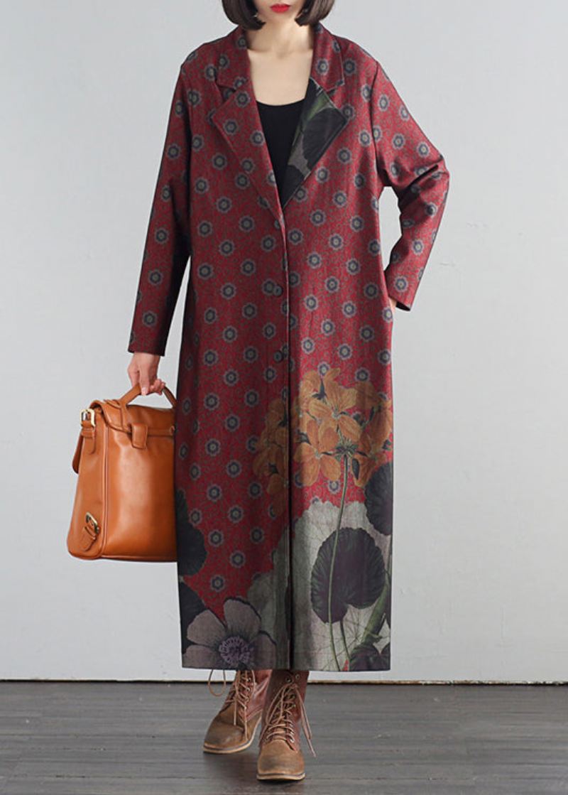 Elegant Rød V-hals Print Button Maxi Trench Coats Fall - Rød