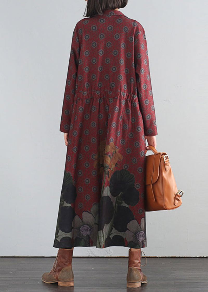 Elegant Rød V-hals Print Button Maxi Trench Coats Fall - Rød