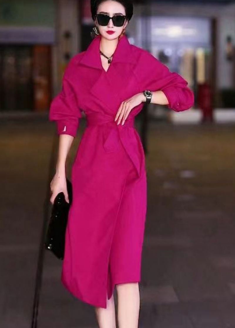 Elegant Rose Peter Pan Krage Tie Midje Cotton Trench Fall - Trenchcoats for kvinner