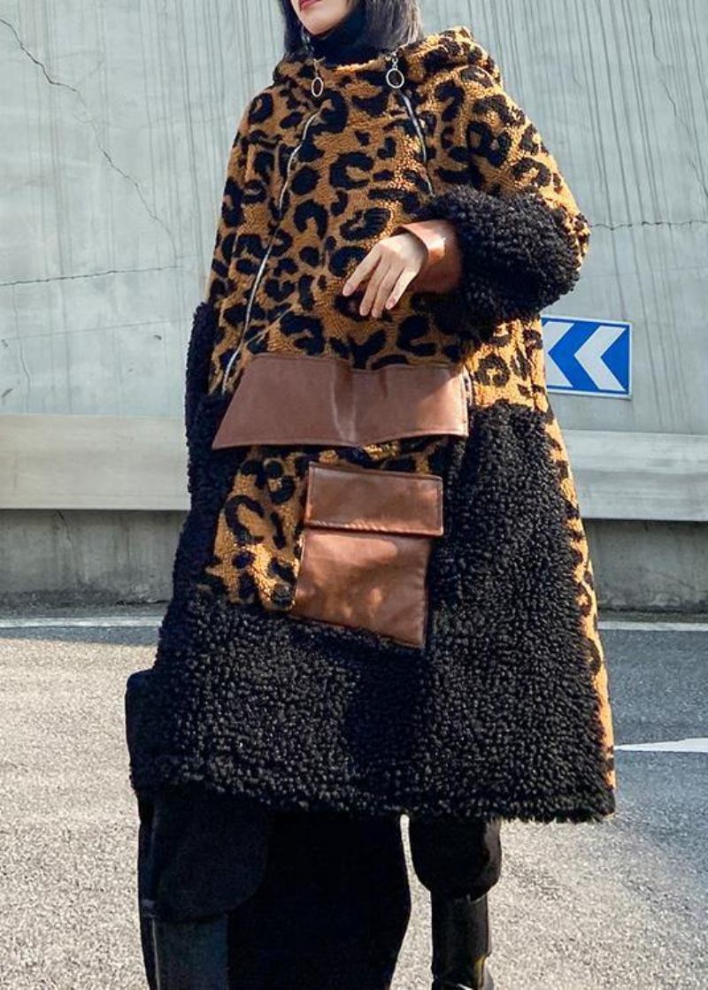 Elegant Sjokolade Leopard Ullfrakk Dame Vinterfrakk Hette Med Glidelås - Trenchcoats for kvinner