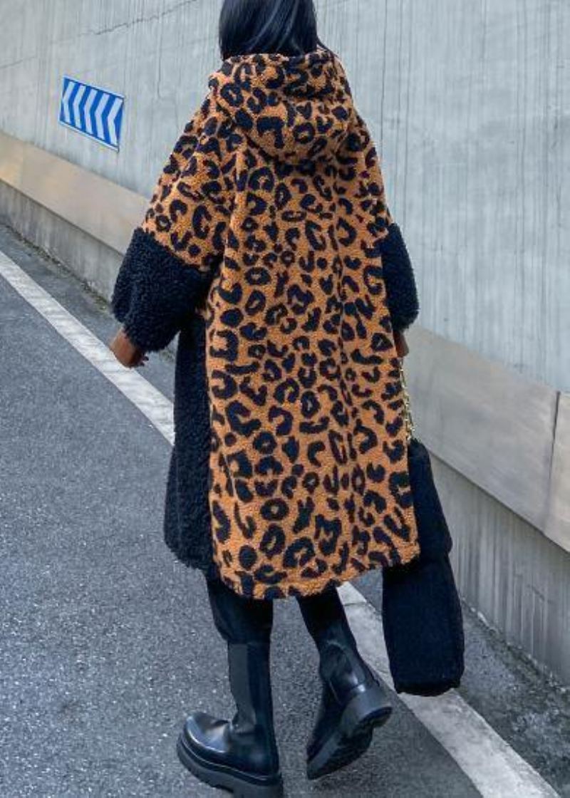 Elegant Sjokolade Leopard Ullfrakk Dame Vinterfrakk Hette Med Glidelås - Trenchcoats for kvinner