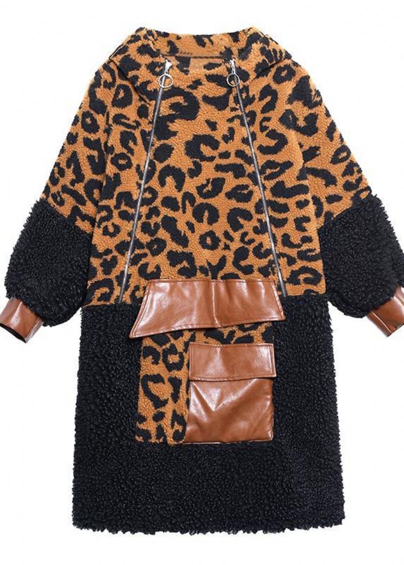 Elegant Sjokolade Leopard Ullfrakk Dame Vinterfrakk Hette Med Glidelås - Trenchcoats for kvinner