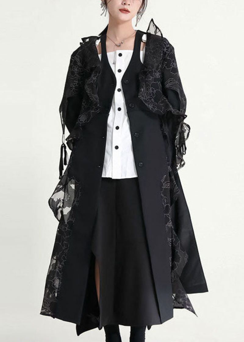 Elegant Svart Asymmetrisk Volanger Patchwork Tulle Trench Coats Høst - Trenchcoats for kvinner