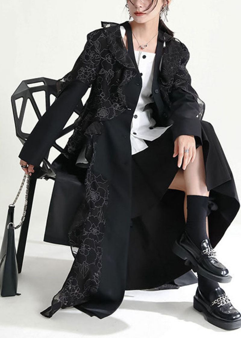 Elegant Svart Asymmetrisk Volanger Patchwork Tulle Trench Coats Høst - Trenchcoats for kvinner