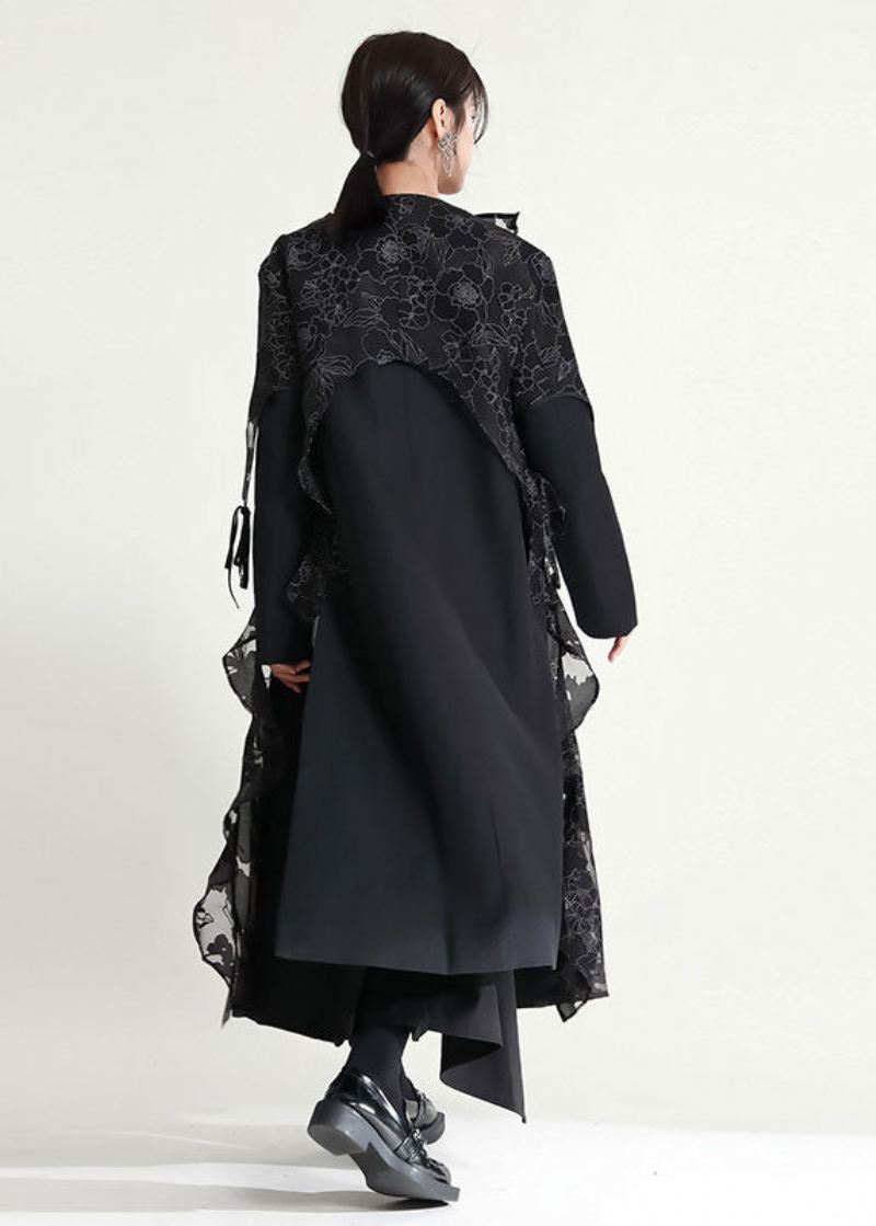 Elegant Svart Asymmetrisk Volanger Patchwork Tulle Trench Coats Høst - Trenchcoats for kvinner