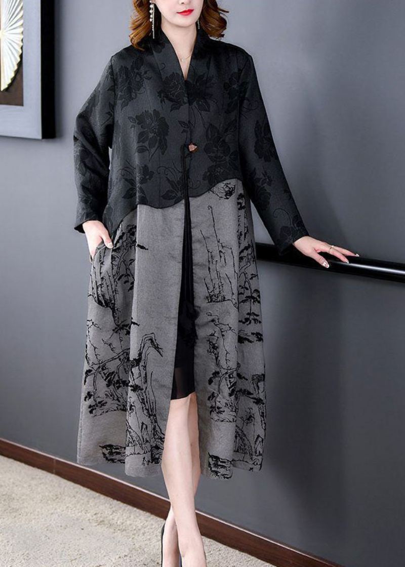 Elegant Svart Dusk-patchwork-trykk Silke Trenchcoat Vår - Trenchcoats for kvinner