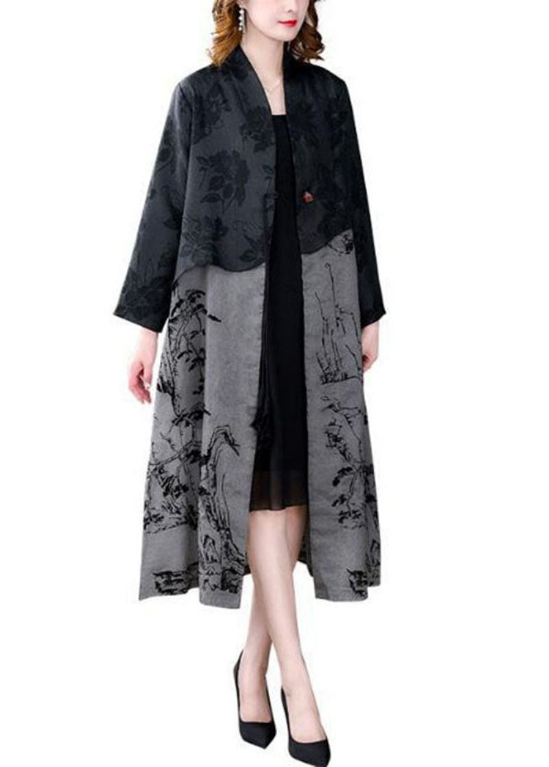 Elegant Svart Dusk-patchwork-trykk Silke Trenchcoat Vår - Trenchcoats for kvinner