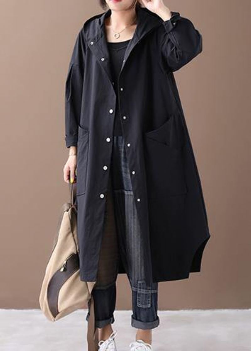 Elegant Svart Fashion Box Coat Inspiration Hette Store Lommer Yttertøy - Svart