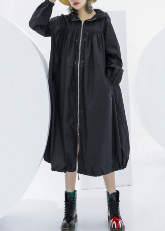 Elegant Svart Oversized Maxi Frakk Hettelommer Med Glidelås