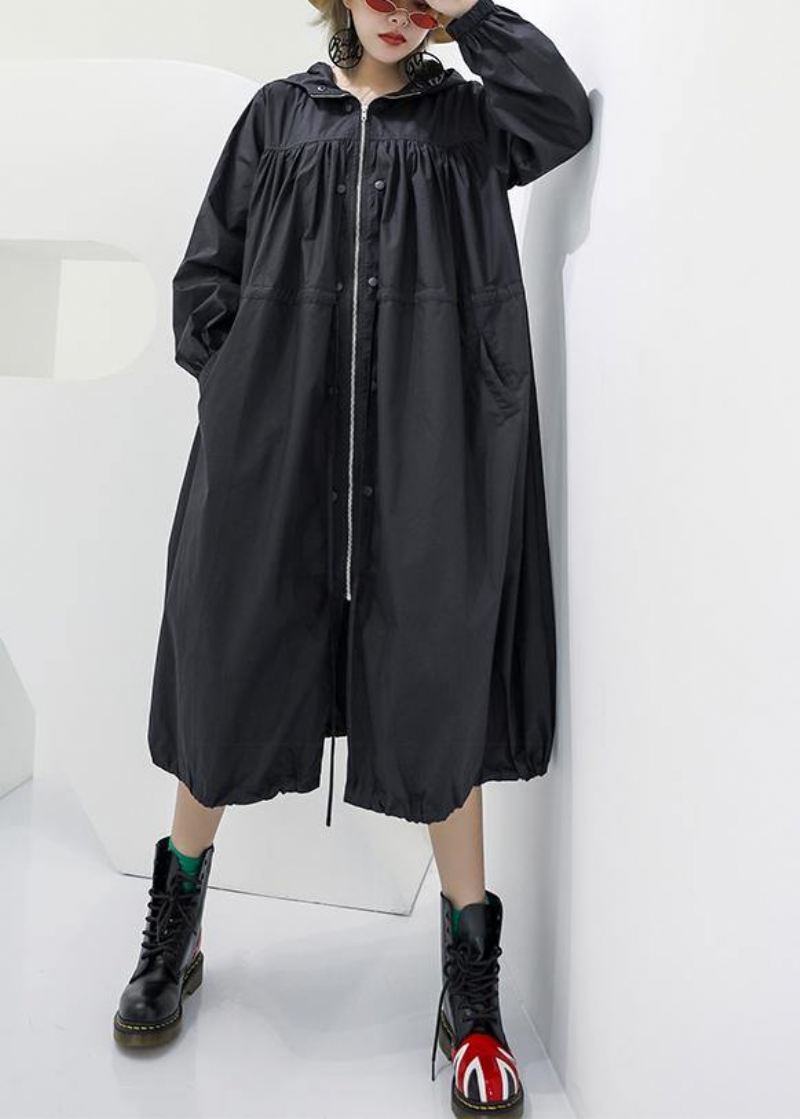 Elegant Svart Oversized Maxi Frakk Hettelommer Med Glidelås - Trenchcoats for kvinner