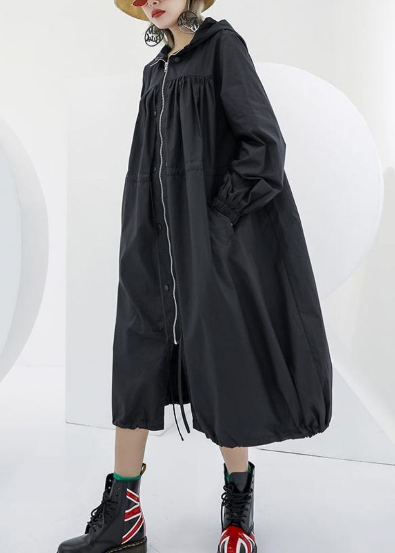 Elegant Svart Oversized Maxi Frakk Hettelommer Med Glidelås - Trenchcoats for kvinner