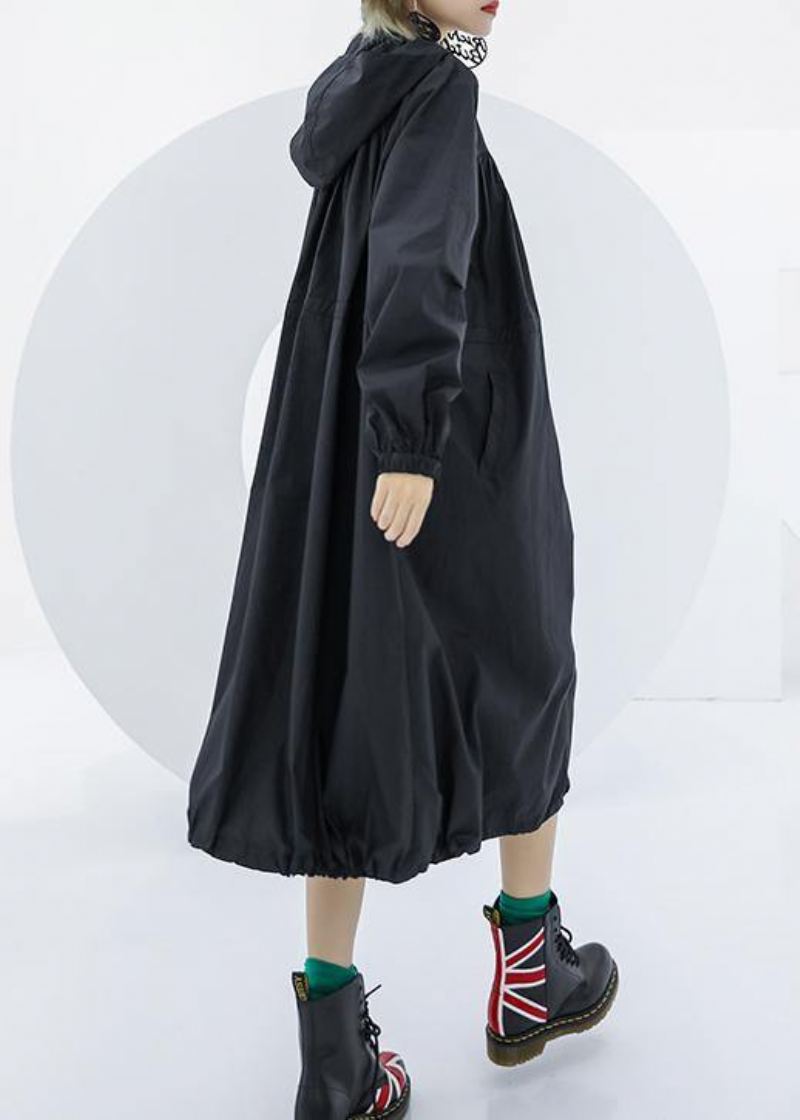 Elegant Svart Oversized Maxi Frakk Hettelommer Med Glidelås - Trenchcoats for kvinner