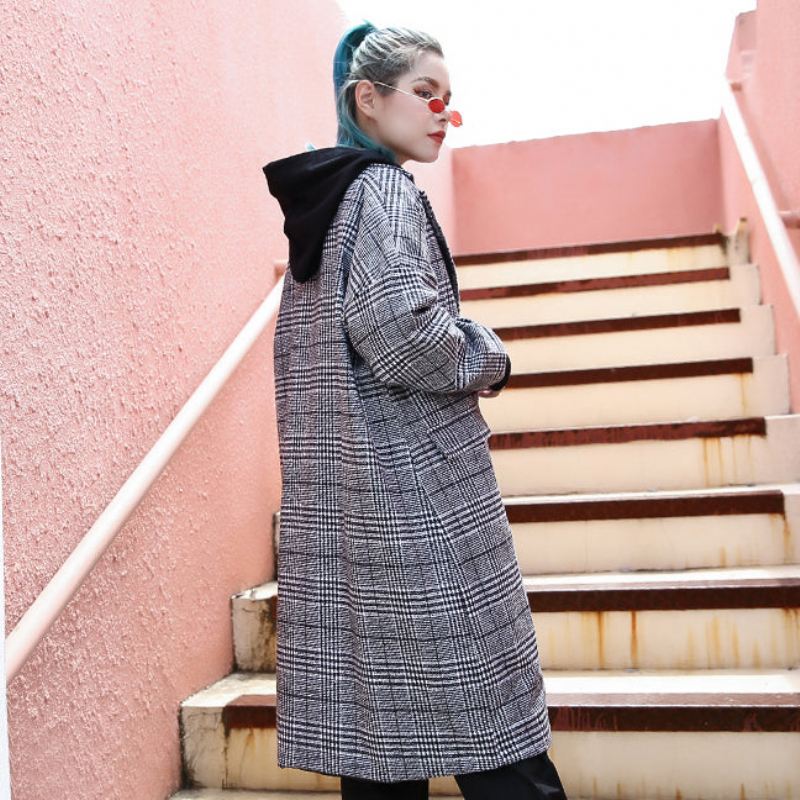 Elegant Svart Rutete Maxi Kåpe Casual Lang Med Hakk Mote Posete Med Glidelås - Trenchcoats for kvinner