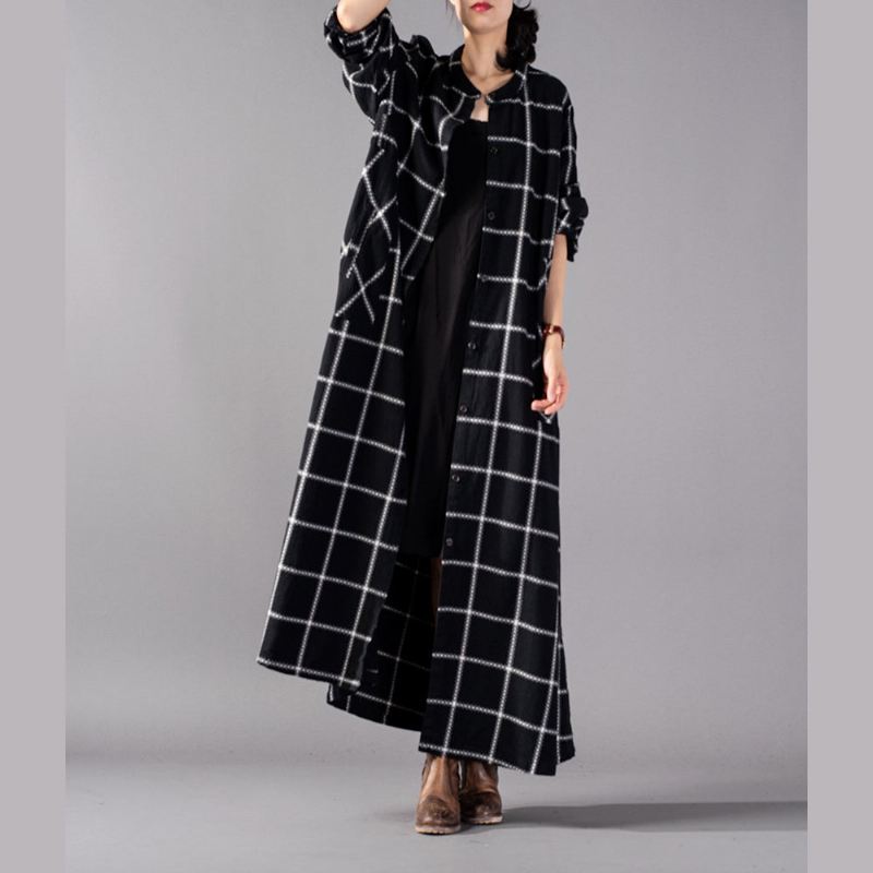 Elegant Svart Rutete Maxi Kåpe Trendy Plus Size Stativ Krage Vinter Boutique Lommer Kåper - Svart