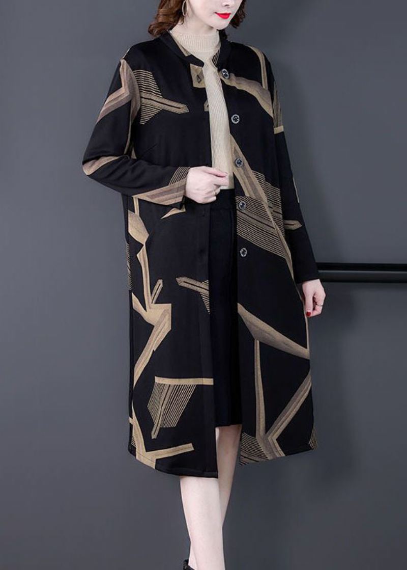 Elegant Svart Stativ Krage Oversized Print Coat Outwear Langermet - Trenchcoats for kvinner