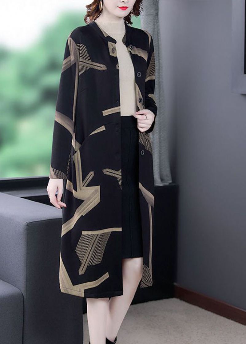 Elegant Svart Stativ Krage Oversized Print Coat Outwear Langermet - Trenchcoats for kvinner