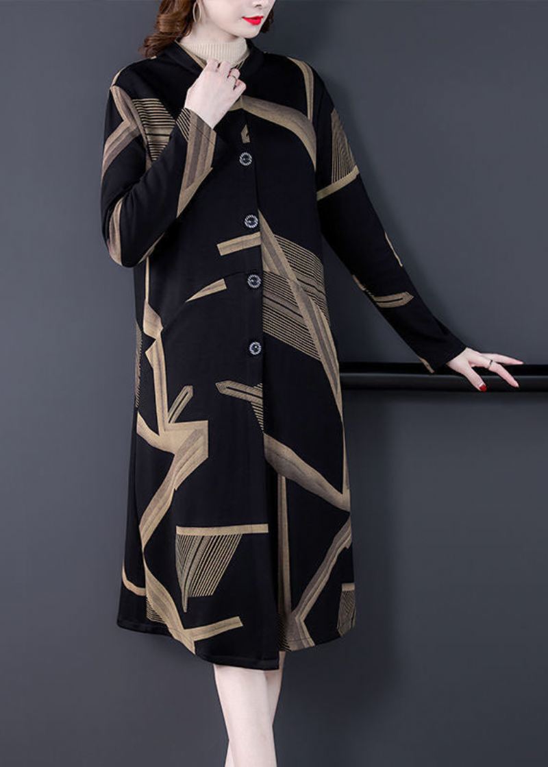 Elegant Svart Stativ Krage Oversized Print Coat Outwear Langermet - Trenchcoats for kvinner