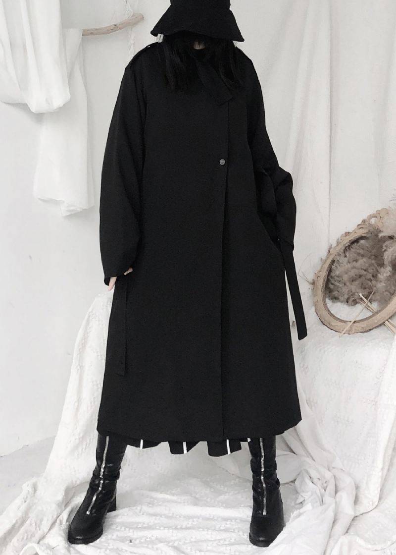 Elegant Svart Stativ Slips Midjeknapp Trenchcoats Med Lange Ermer - Trenchcoats for kvinner