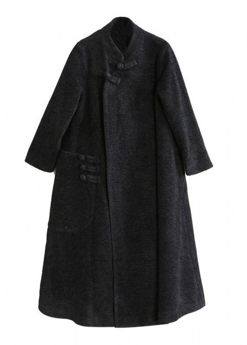 Elegant Svart Ull Yttertøy Plus Size Klesstativ Krage Asymmetrisk Lang Frakk - Trenchcoats for kvinner