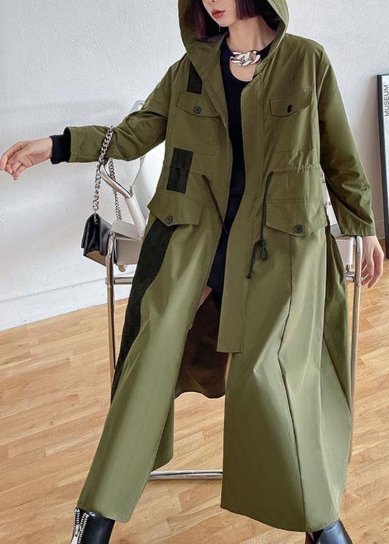 Elegante Armygrønne Lommer Patchwork-knapp Med Glidelås Høstslips Midje Hettefrakk Med Lange Ermer - Trenchcoats for kvinner