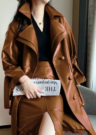 Elegante Carmel Tie Midjelommer Faux Leather Trench Coat Flare Sleeve