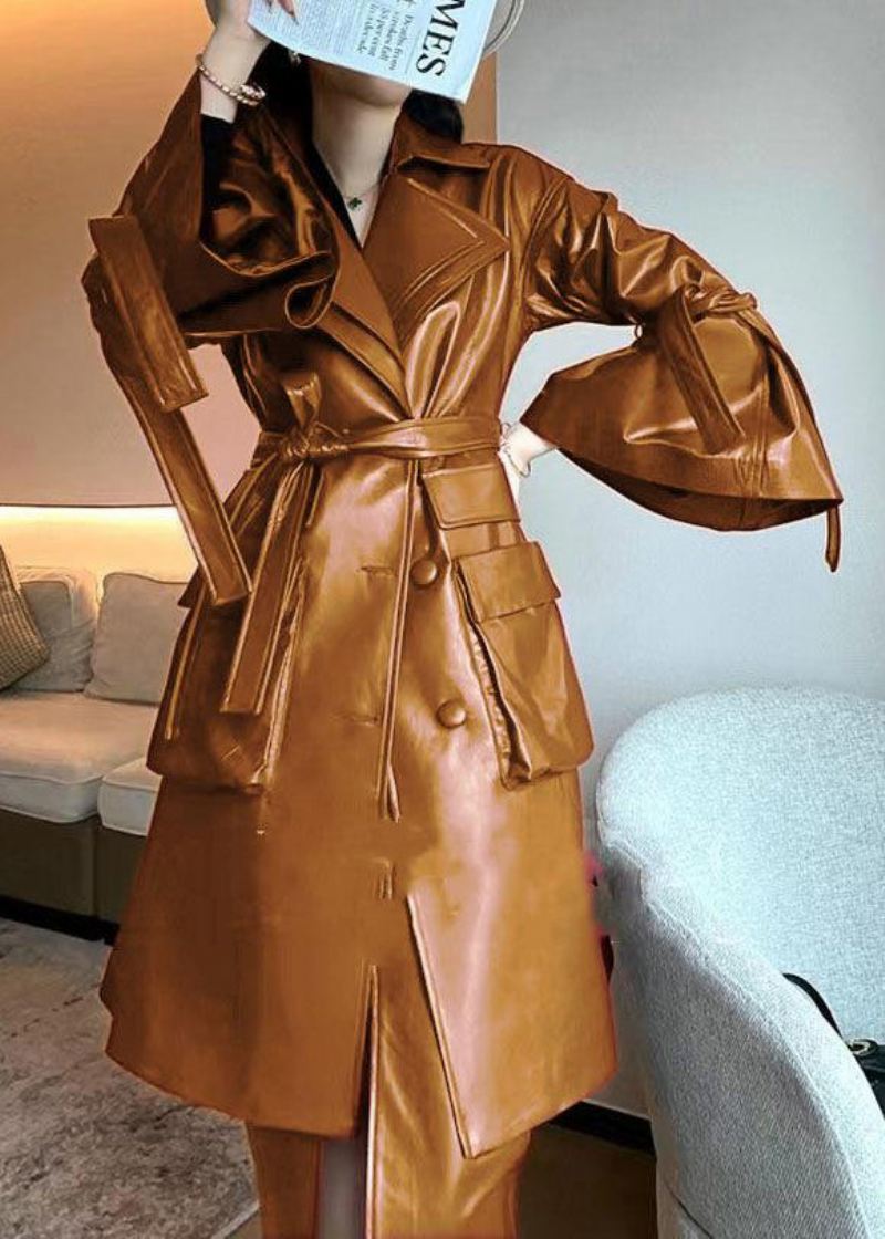 Elegante Carmel Tie Midjelommer Faux Leather Trench Coat Flare Sleeve - Trenchcoats for kvinner