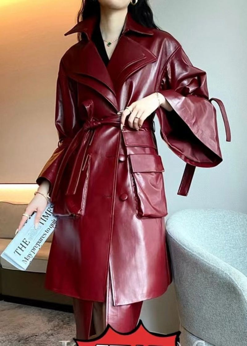 Elegante Carmel Tie Midjelommer Faux Leather Trench Coat Flare Sleeve - Trenchcoats for kvinner